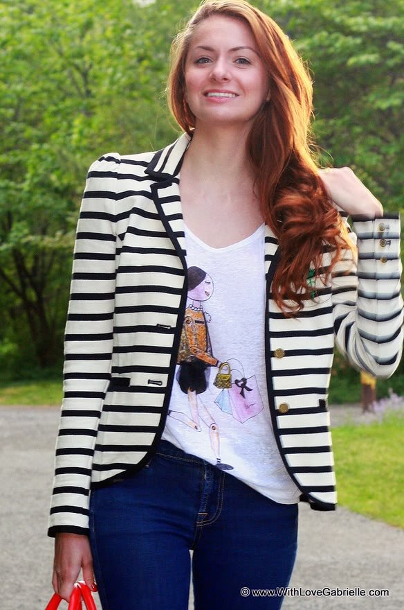 Marta Tryshak wearing Zara Printed Linen T-Shirt, Juicy Couture Stripe Blazer, Marc by Marc Jacobs Rings, Michael Kors Watch, 7 For All Mankind The Skinny Jeans, Kate Spade Little Blaine Satchel